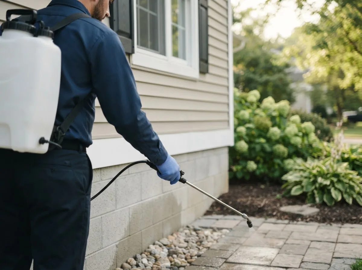 Pest control technician inspecting a home in Enders, NE